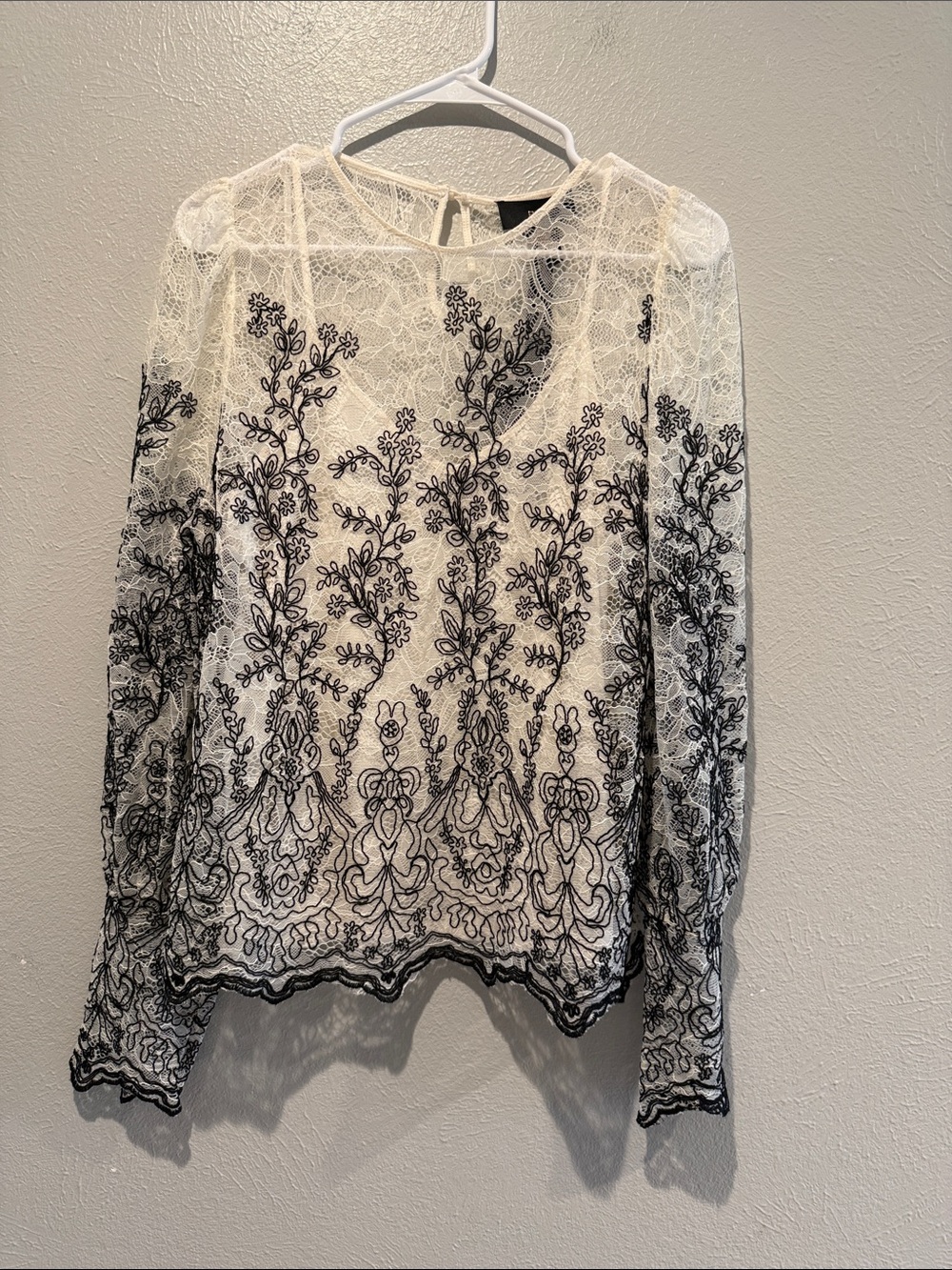 Rain Lace Blouse with Black Floral Embroidery.PTP 20”. Length 24”